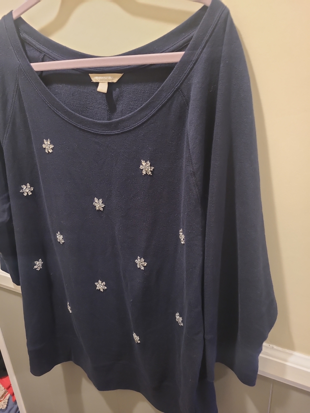 Banana Republic Navy Blue rhinestone Embellished 3/4 Sleeve Sweater Sz XL - Picture 3 of 12